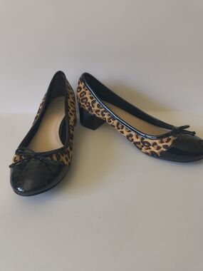 Cole Haan Leopard Print Block Heel Pump with Black Patent Toe
